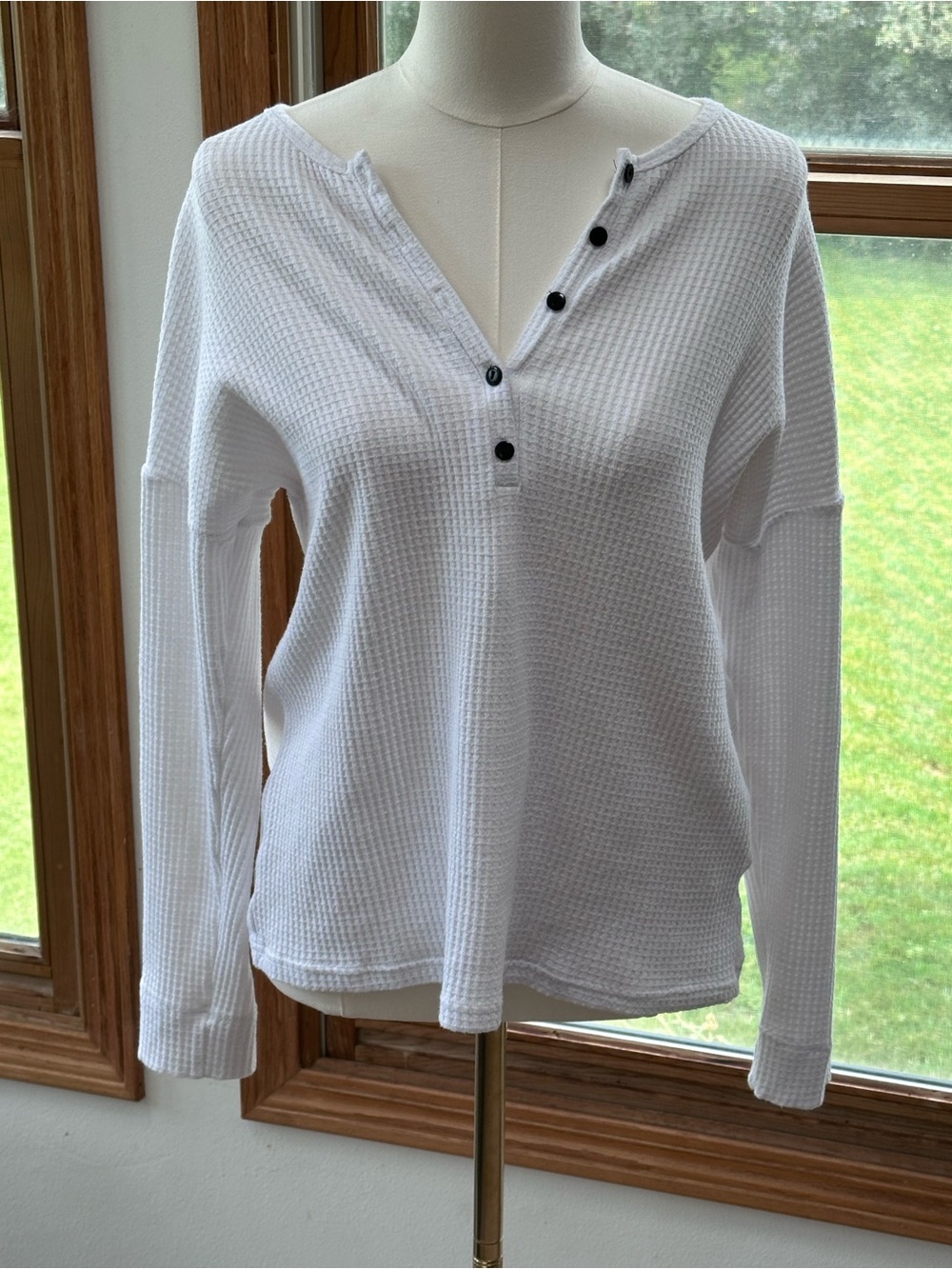 Relaxed White Waffle-Knit Long Sleeve Henley Top